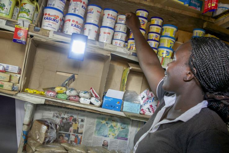 A woman reaches for a can on a shelf.