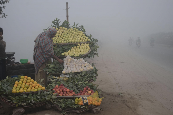 A person is standing at the side of the road behind a cart of fruit, while a cloud of smog obscures the background.