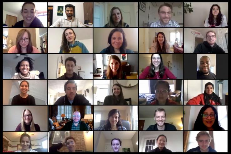 A mosaic of different faces as seen in a Zoom call