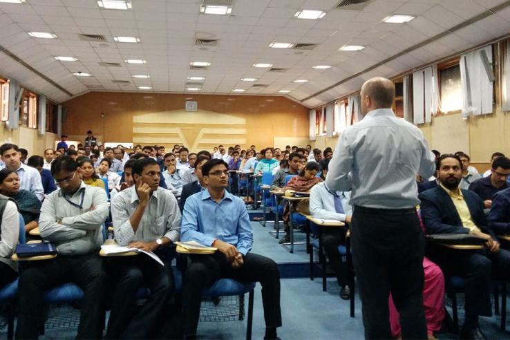 John Floretta, J-PAL Global Director of Policy and Communications, delivering a lecture at the Lal Bahadur Shastri National Academy of Administration, India.