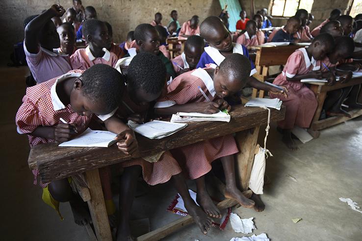 Students taking a test in a classroom