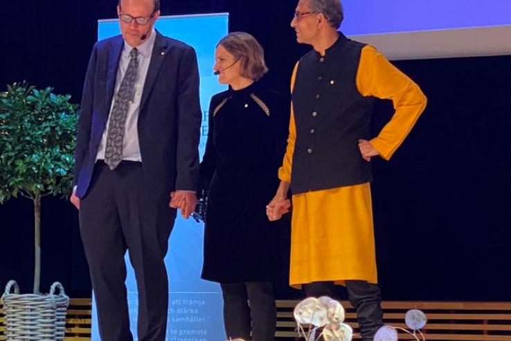 Abhijit Banerjee, Esther Duflo, and Michael Kremer during their Nobel Prize keynote talks