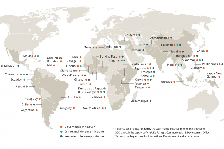 A world map with dots noting locations of GCCI projects.