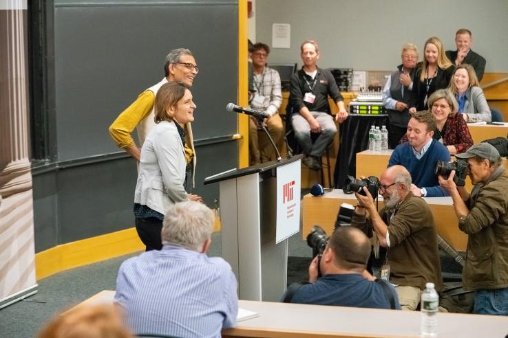 Esther Duflo and Abhijit Banerjee celebrate their Nobel Prize win.