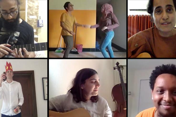 A Zoom screenshot of seven staffers performing on guitars, dancing, juggling, and speaking.