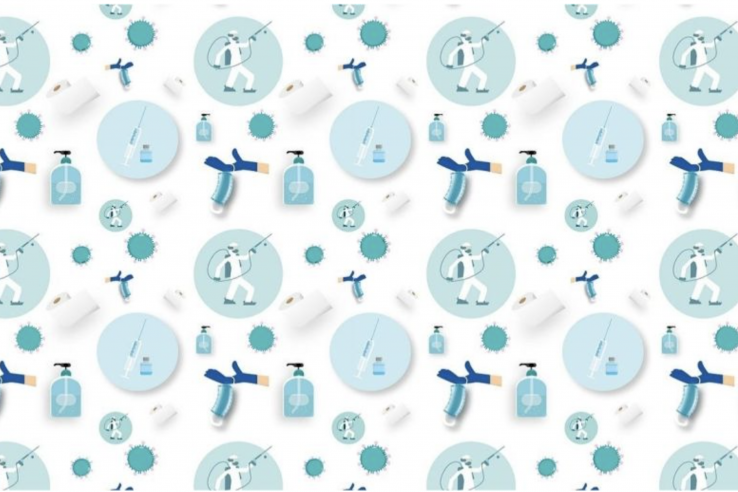 blue images of virus, vaccine, and doctors