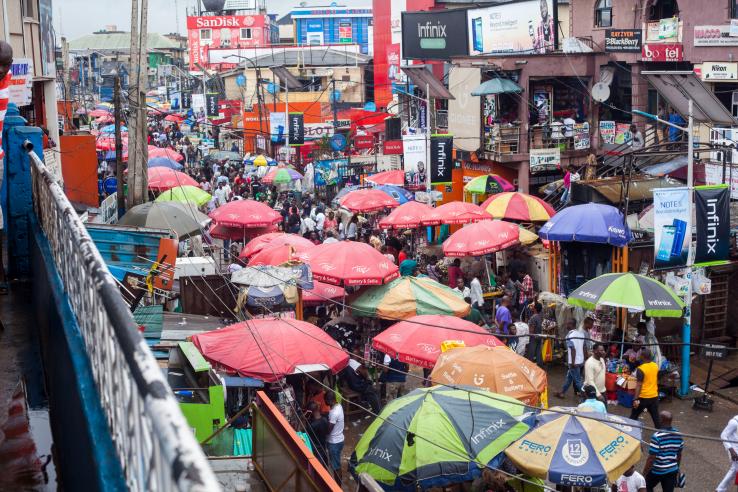 Busy market street in Ikeja, Lagos State, Nigeria.