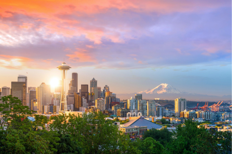 The Seattle, Washington skyline at sunrise