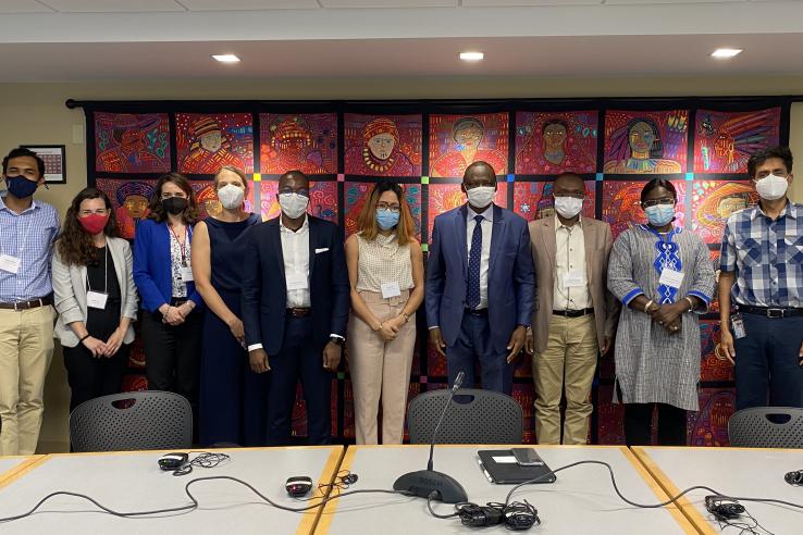 A row of J-PAL staff and Burkina Faso delegates stand in front of a large tapestry.