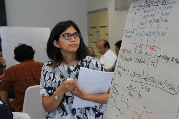 Andrea stands in front of a posterboard, looking back at equations she has just written on it