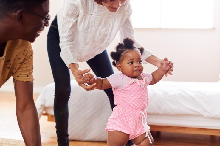 Parents help their young baby take her first steps.