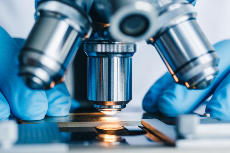 Close up image of a microscope in a lab with two hands adjusting its scope.