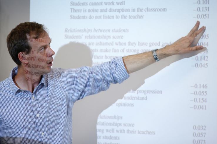 A man points at a projector screen.