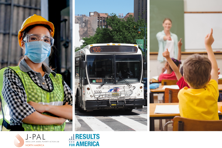 A photo collage of three images: on the left is a woman at a job training site wearing a hard hat and safety vest; in the middle is a city bus at an intersection; on the right, young students raise their hands to respond to a teacher's question. Below the photo are the logos for J-PAL North America and Results for America.