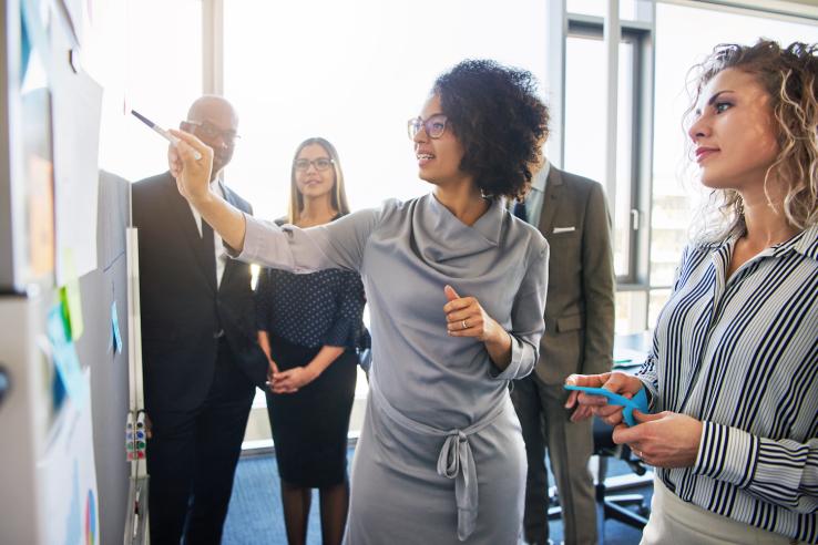 A group of people brainstorm using a whiteboard and sticky notes.