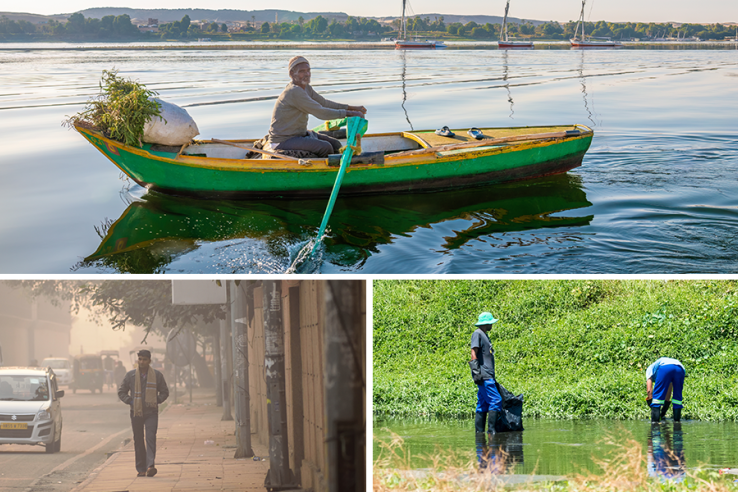 Top: An Egyptian man collects grass in his boat. Bottom left: A man walking through air pollution in India. Bottom right: Two people cleaning a polluted river in Cape Town, South Africa