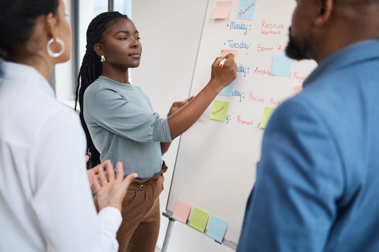 Three people in front of white board, one writing 