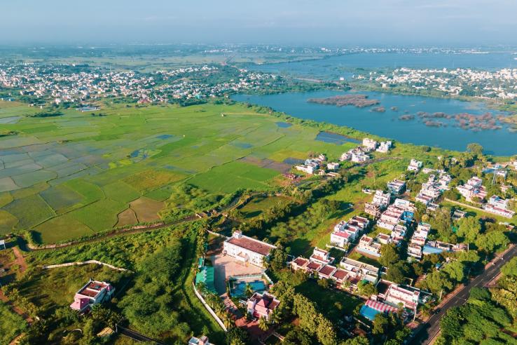 An aerial shot of a village.