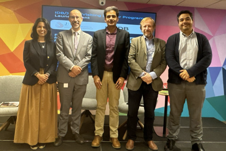 J-PAL LAC Executive Director Paula Pedro, J-PAL LAC Co-Scientific Director Francisco Gallego, J-PAL Global Executive Director Iqbal Dhaliwal, and IDB counterparts during the launch of the Visiting Research Program