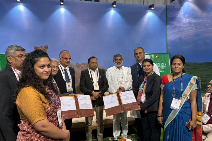 Officials from J-PAL South Asia and the Government of Gujarat during the SARWA MoU signing ceremony at Vibrant Gujarat Summit 2024
