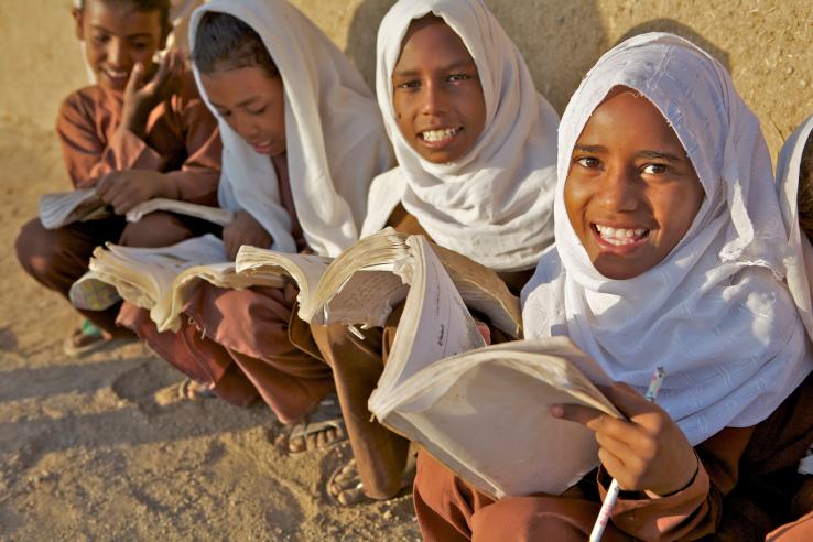 Students before classes at a primary school in the village of El Arr in northern Sudan