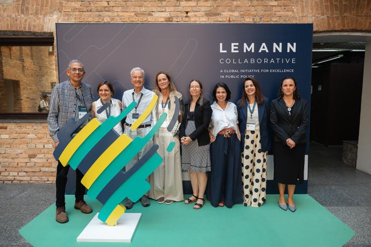 J-PAL Directors Abhijit Banerjee and Esther Duflo, Lemann Foundation Founder and Board Chairman Jorge Paulo Lemann, Lemann Foundation Board Member Susanna Lemann, J-PAL LAC Scientific Director Jeanne Lafortune, J-PAL LAC Executive Director Paula Pedro, J-PAL LAC Scientific Director Cristine Pinto, and J-PAL LAC Deputy Executive Director Claudia Macías at the Lemann Collaborative launch in São Paulo, Brazil. Photo credit: Lemann Foundation