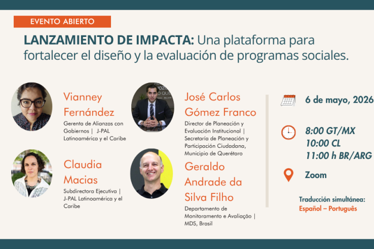 Tarjeta de evento para el lanzamiento de IMPACTA. Título: “Lanzamiento de IMPACTA: Una plataforma para fortalecer el diseño y la evaluación de programas sociales”. Participan Vianney Fernández, Renata Carballo, José Carlos Gómez Franco y Geraldo Andrade da Silva Filho. Fecha: 6 de mayo de 2026. Hora: 8:00 GT/MX, 10:00 CL, 11:00 BR/ARG. Modalidad: Zoom, con inscripción previa.