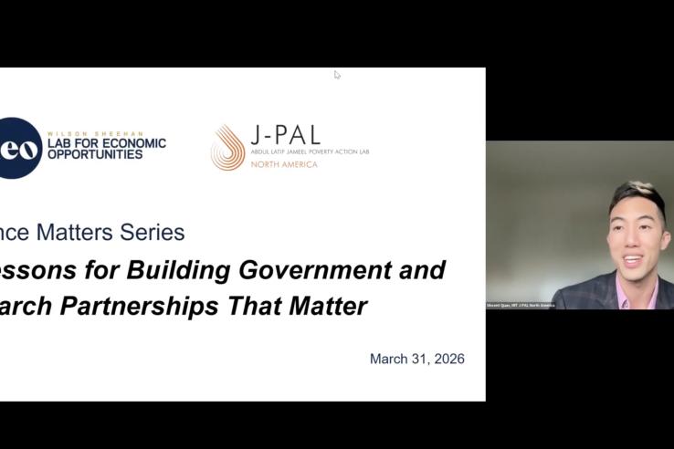 Virtual presentation slide for Evidence Matters Series webinar titled '10 Lessons for Building Government and Research Partnerships That Matter' with presenter Vincent Quan from J-PAL North America, dated March 31, 2026