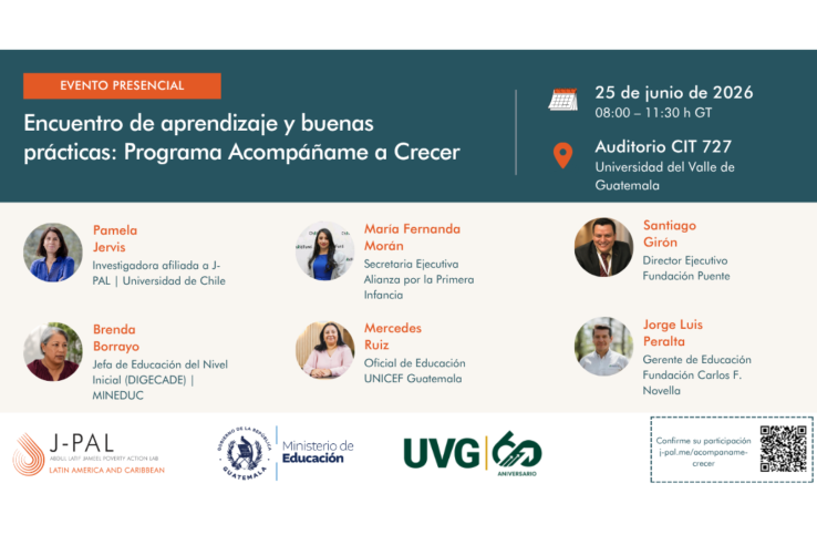 Tarjeta del evento “Encuentro de aprendizaje y buenas prácticas: Programa Acompáñame a Crecer”, con fecha, horario, lugar, código QR de inscripción y participantes: Pamela Jervis, Brenda Borrayo, María Fernanda Morán, Mercedes Ruiz, Santiago Girón y Jorge Luis Peralta.