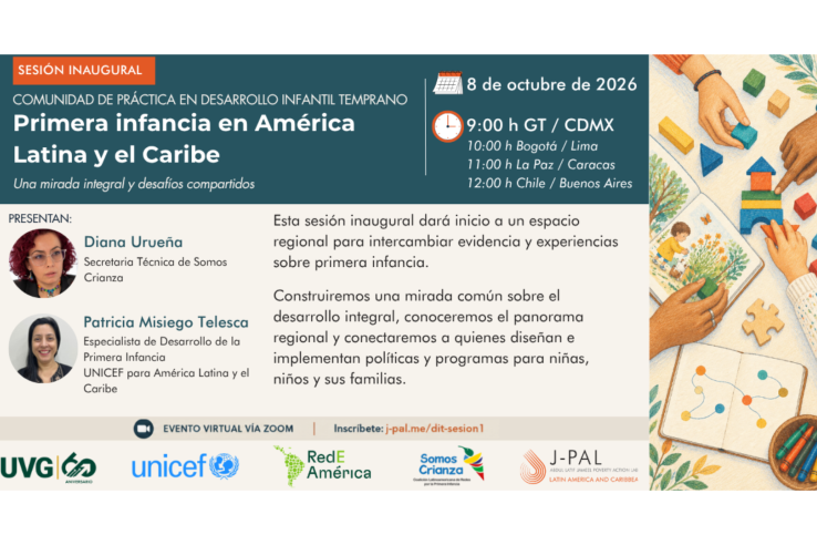 Gráfica de la sesión inaugural “Primera infancia en América Latina y el Caribe”, el 8 de octubre de 2026, con Diana Urueña y Patricia Misiego Telesca, junto a una ilustración sobre desarrollo infantil y colaboración.