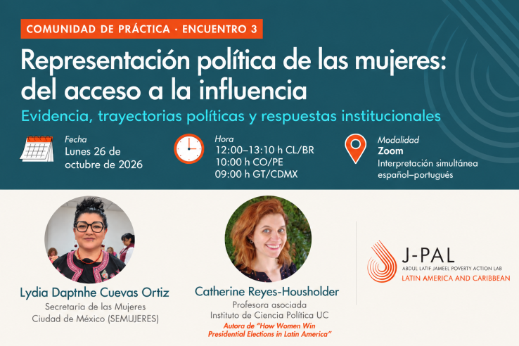 Card del tercer encuentro de la Comunidad de Práctica sobre representación política de las mujeres. Incluye fotografías de Lydia Daptnhe Cuevas Ortiz y Catherine Reyes-Housholder e informa que la sesión se realizará el 26 de octubre de 2026 por Zoom, con interpretación simultánea español-portugués.
