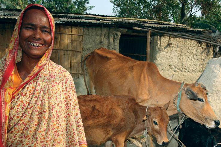 Smiling woman in a sari with two cows and a goat