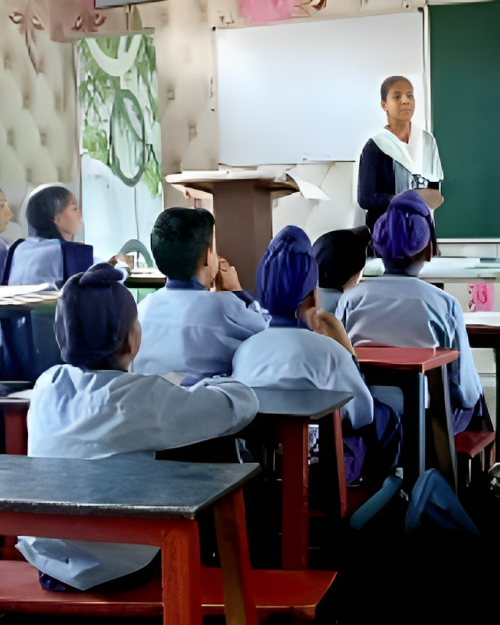 Young children in a classroom in India listen to their female teacher