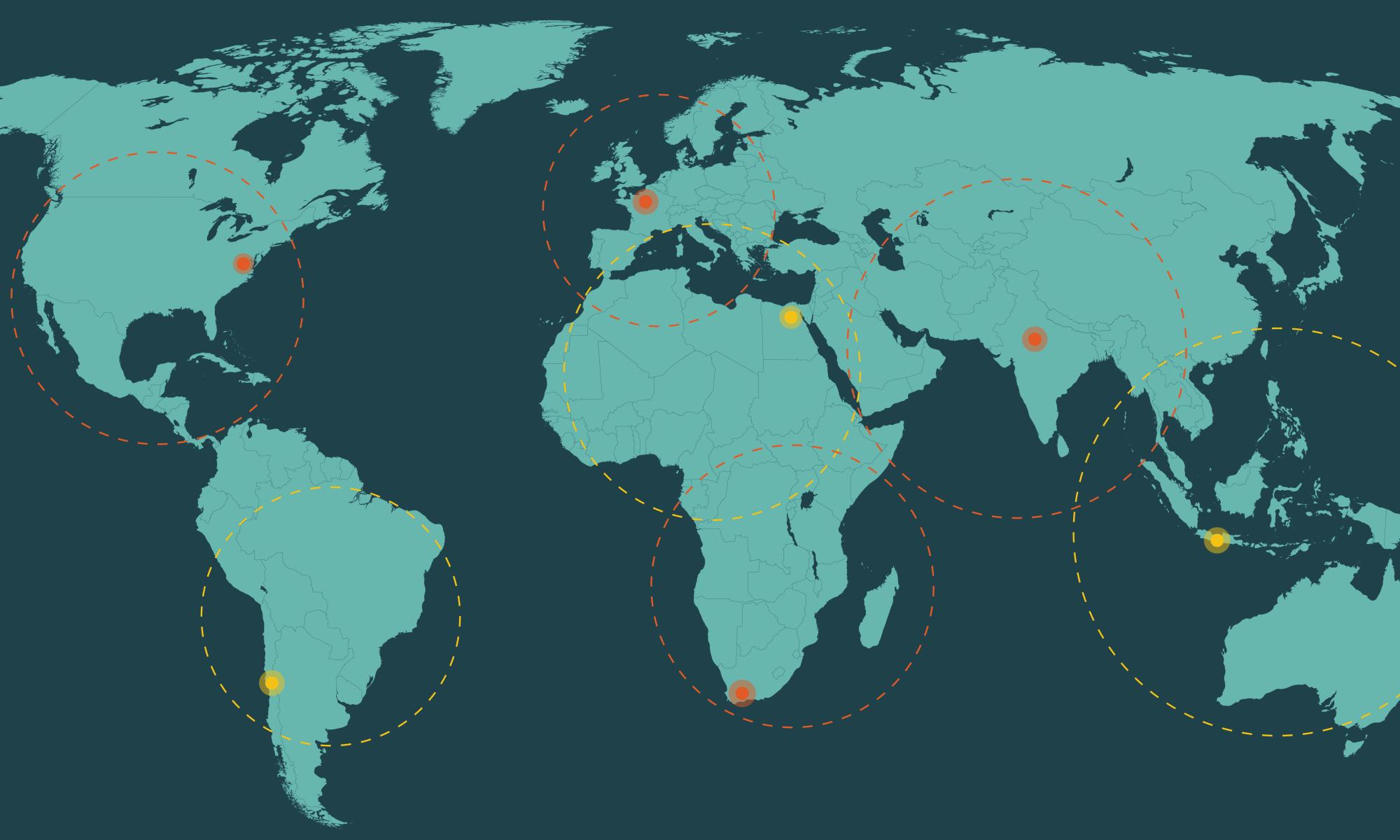 World map with dots and circles indicating the J-PAL regional office locations