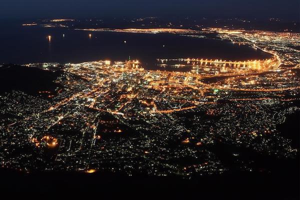 An aerial view of Cape Town, South Africa at night