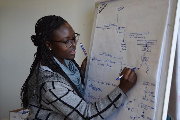 A woman writes on a flipchart during J-PAL Africa's 2019 Evaluating Social Programmes Course.