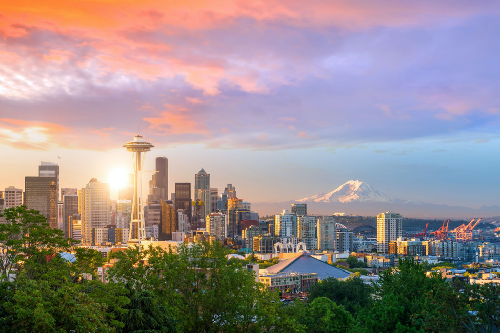 The Seattle, Washington skyline at sunrise