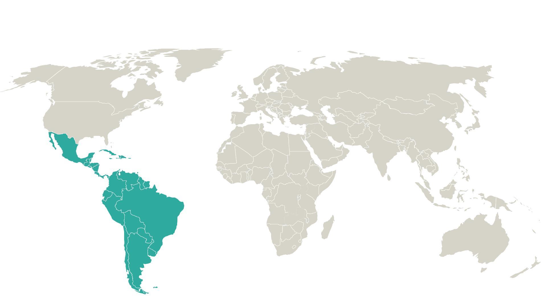 Map with Latin America and Caribbean region highlighted in green