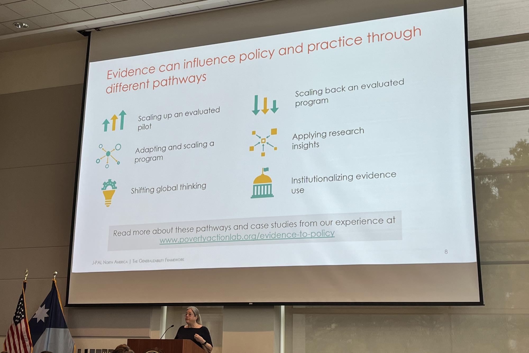 Kim Dadisman speaking in front of a presentation