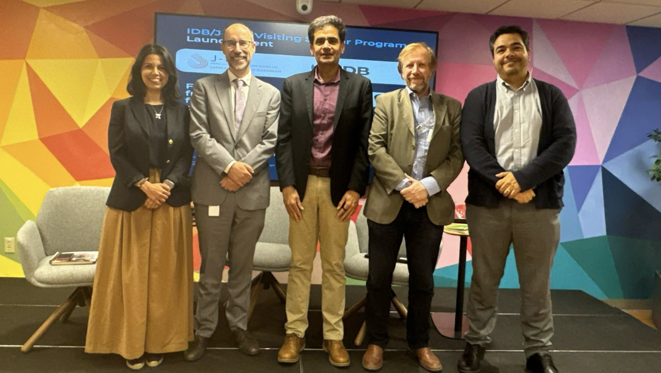 J-PAL LAC Executive Director Paula Pedro,  J-PAL LAC Co-Scientific Director Francisco Gallego,  J-PAL Global Executive Director Iqbal Dhaliwal, and IDB counterparts during the launch of the Visiting Research Program