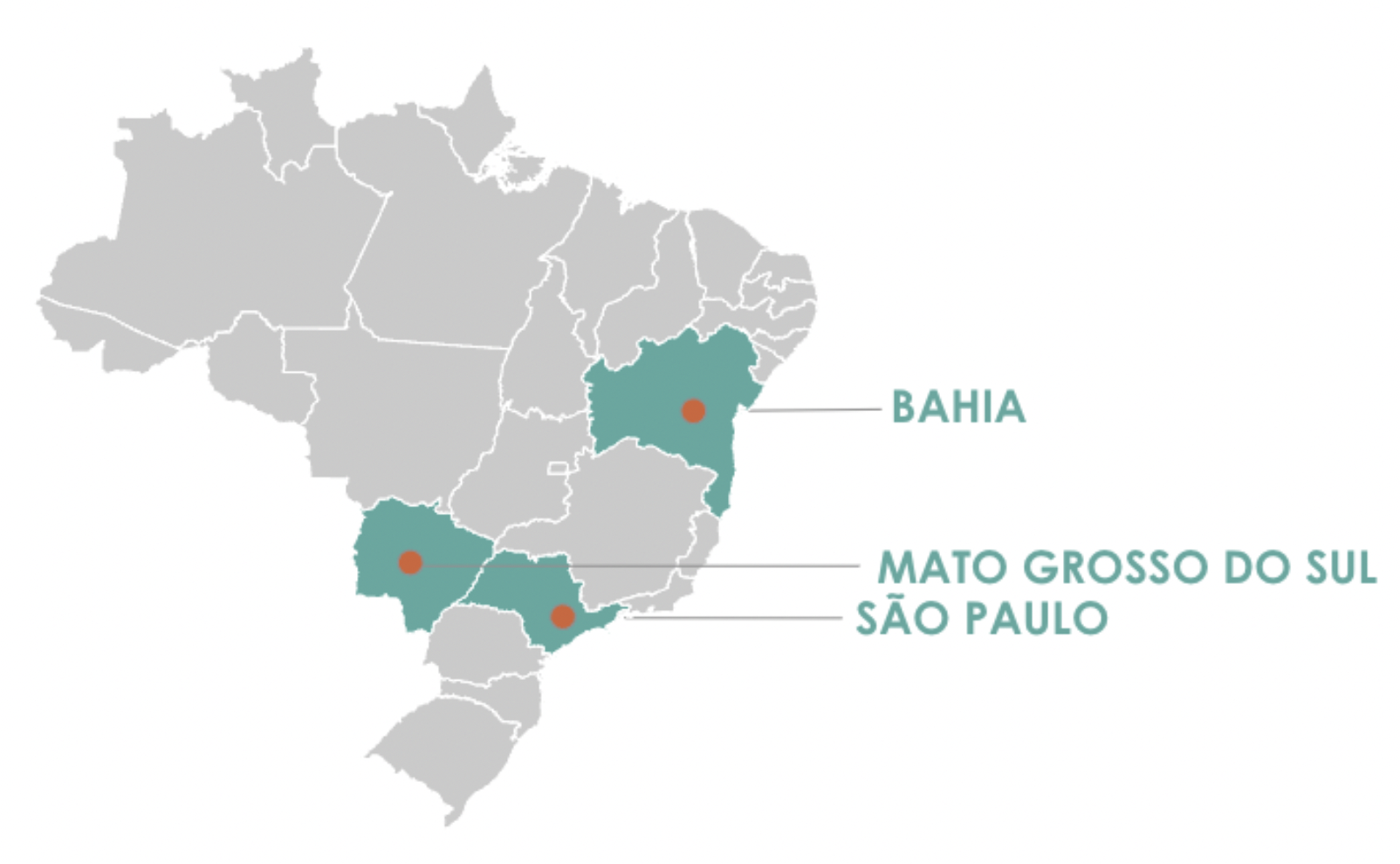 Image of Brazil highlighting three states: Bahia, Mato Grosso do Sul and Sao Paulo