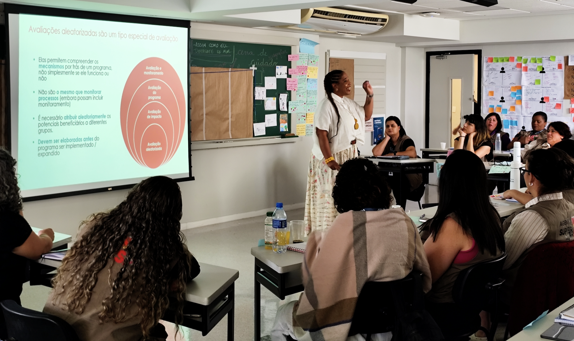 Professora em pé fazendo exposição para alunas sentadas em sala de aula com projetor atrás