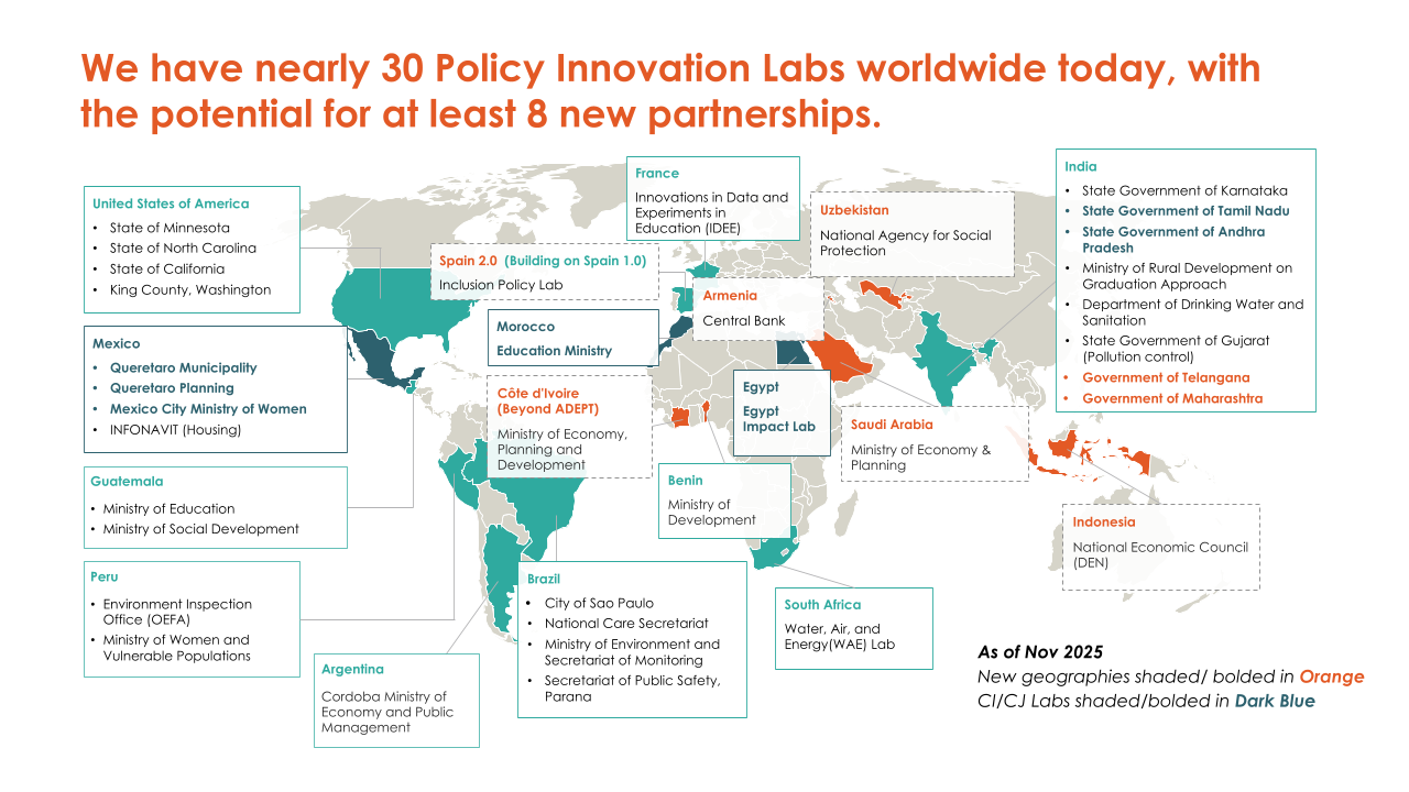 A map of global E2P Policy Innovation Lab Partnerships