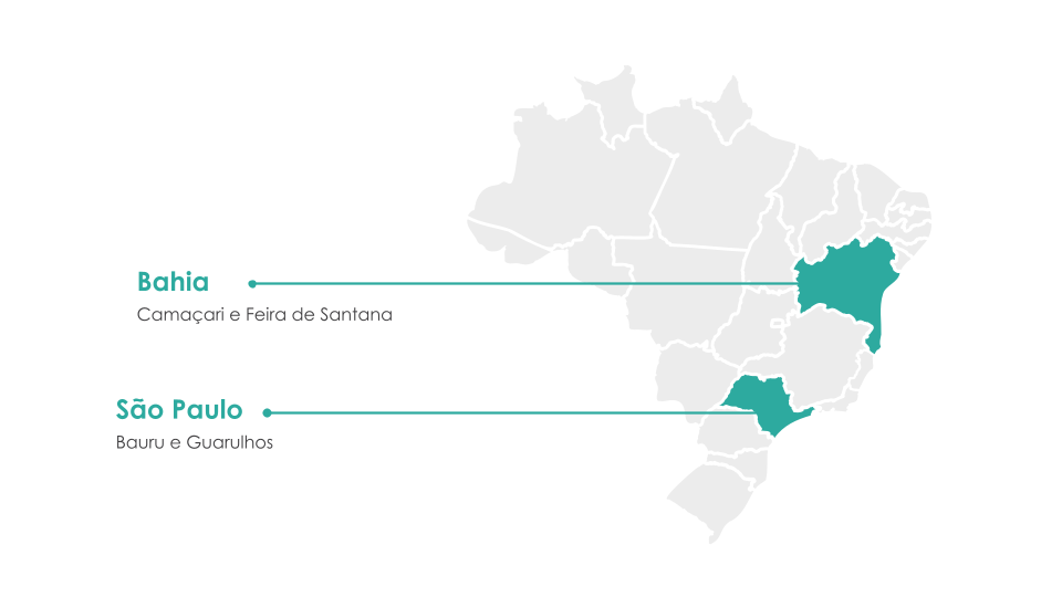 Mapa destacando os estados e cidades parceiros do projeto Caminhos da Pré-escola