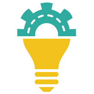 Yellow light bulb with a teal gear on top — depicting innovation and the shift in global thinking through research and evidence.