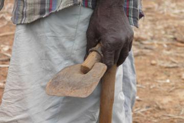 Farmer holds a hoe