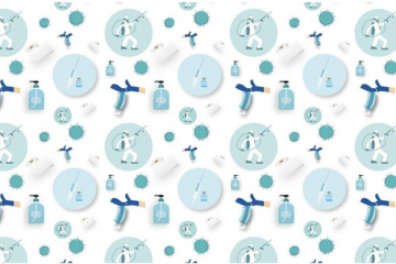 blue images of virus, vaccine, and doctors