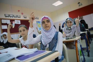 Young Syrian refugee girls participate in a classroom in Turkey.