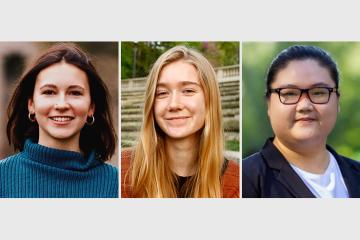 Headshots of three members of our SLII team. From left to right, Maria Arzumanov, Mera Cronbaugh, and Yiping Li. 