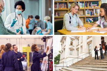 Clockwise, starting top left: Doctor and patient in masks; student and tutor; people in jumpsuits looking at a whiteboard; people in suits on steps